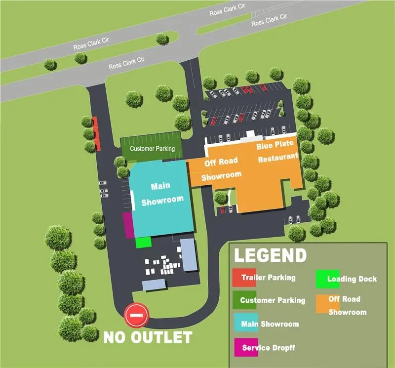 Illustrated plan of the Dothan Powersports property showing trailer parking by the Ross Clark Circle driveway, customer parking in front of the main showroom, the service drop off, the loading dock behind the building, the off road showroom, and the Blue Plate restaurant