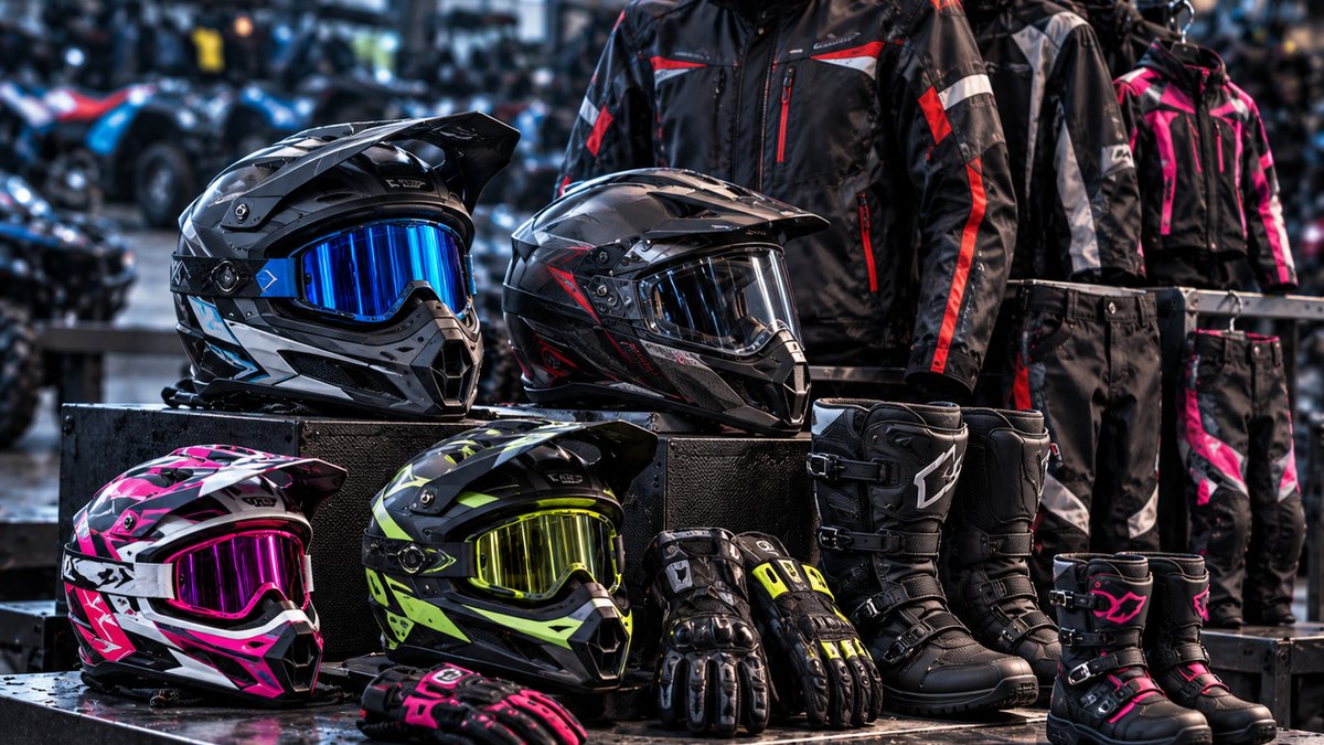 Helmets, gloves, jackets, and boots on display