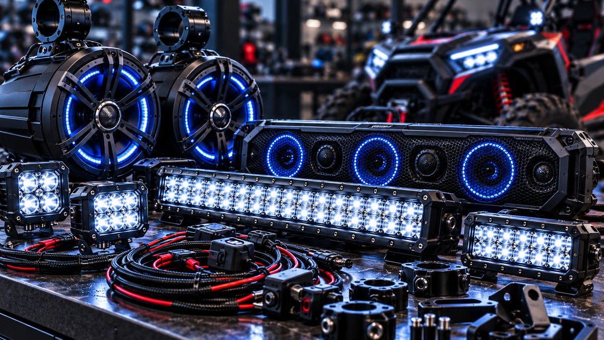 A light bar, pod lights, and a sound bar laid out beside a side by side