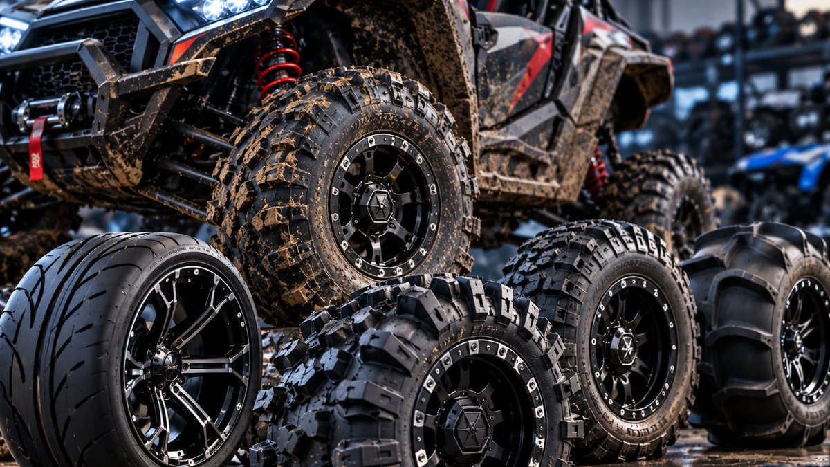 Off road tire and wheel sets stacked in front of a side by side