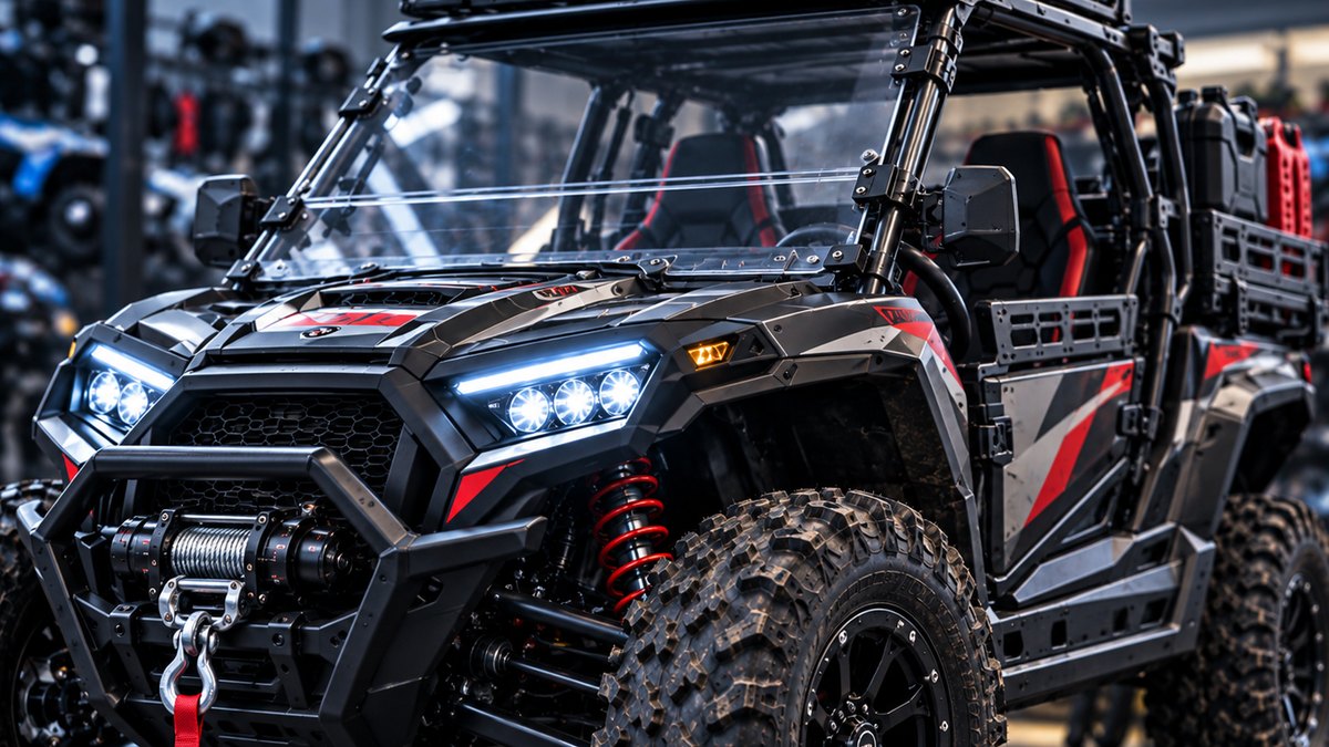 A side by side fitted with a winch, windshield, and roof rack