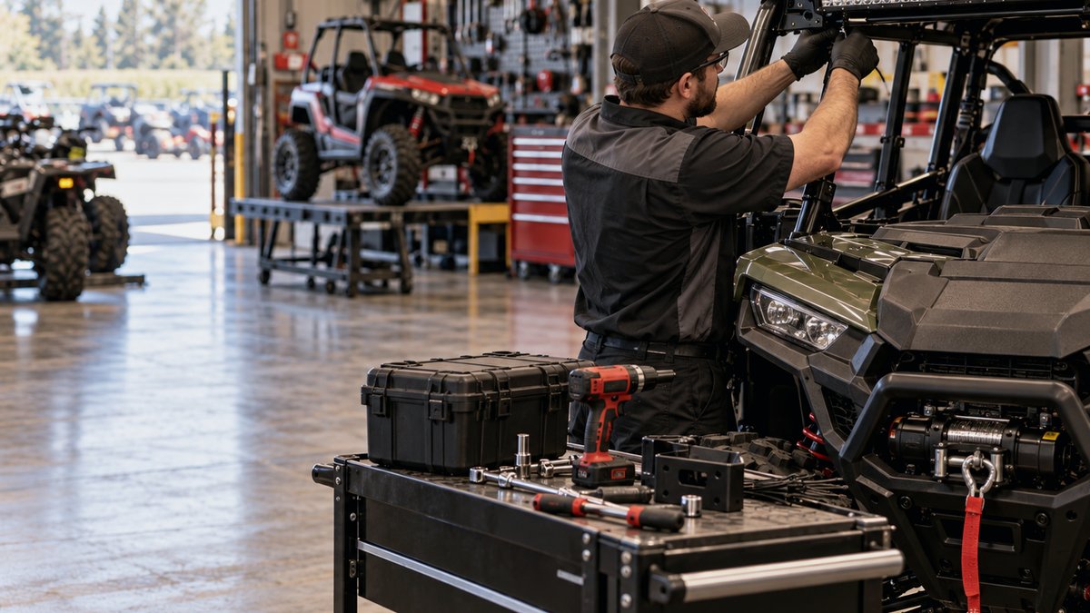 A technician fitting a light bar to a side by side