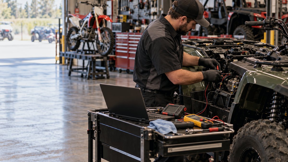 A technician running diagnostics on an ATV with a laptop