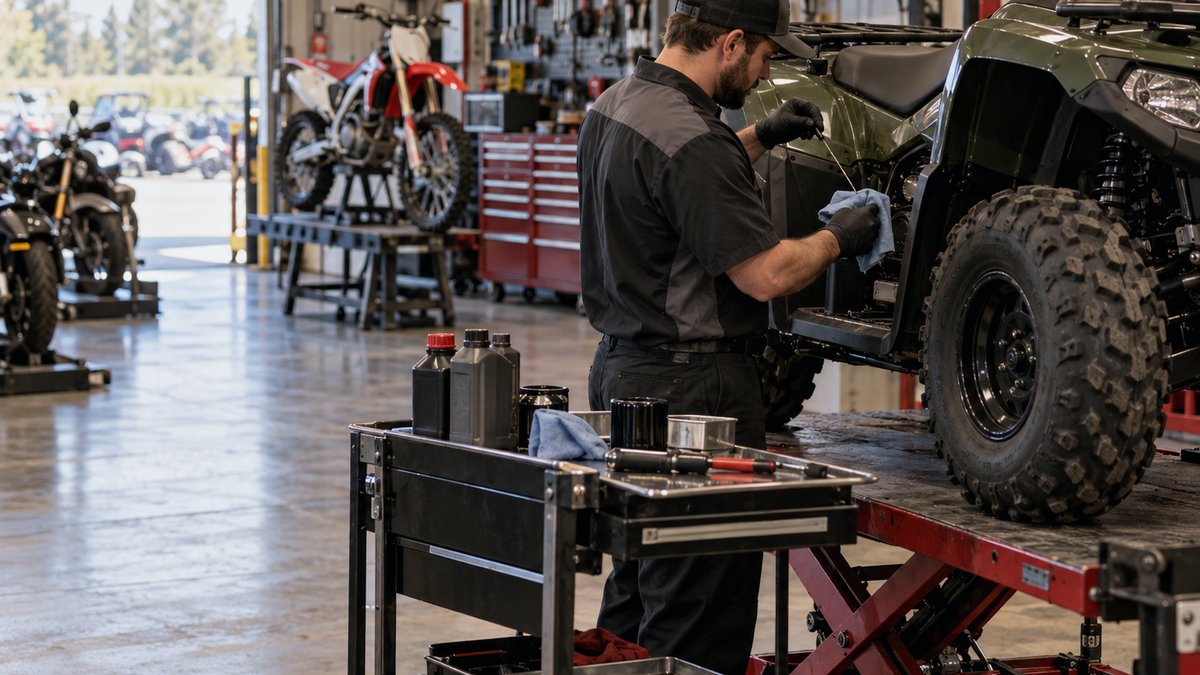 A technician servicing an ATV on a lift in our shop