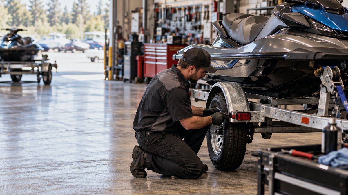 A technician checking a trailer wheel under a personal watercraft