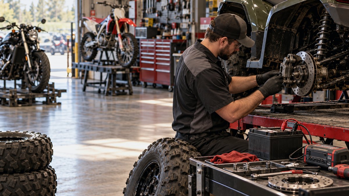 A technician working on an ATV wheel hub with new tires beside the lift